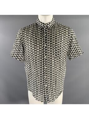 PENINSULA Size XL White Black Geometric Linen Short Sleeve Shirt